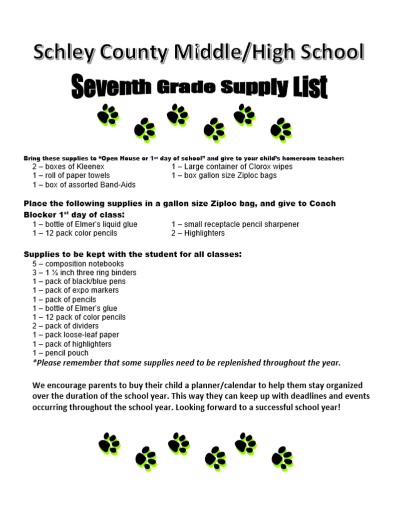 7th Grade Supply List