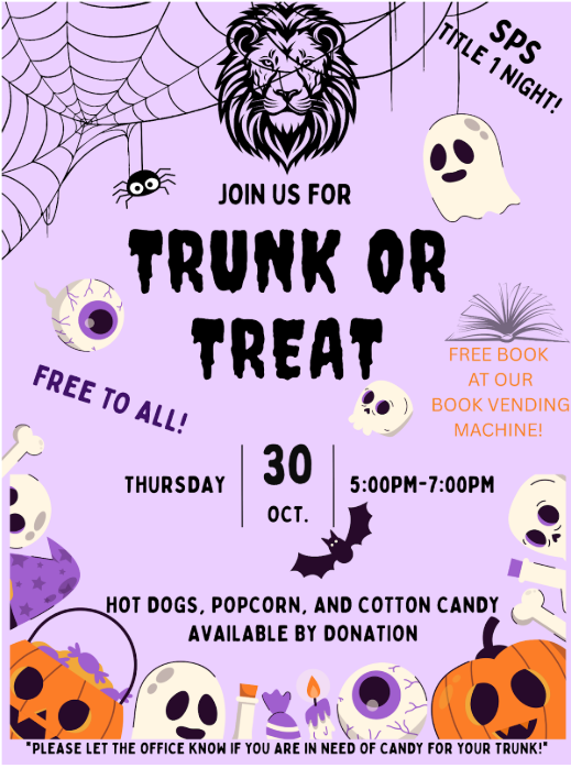 A lavender-themed Halloween flyer with spider webs, pumpkins, ghosts, eyeballs, and candy. The Stratford Public School lion logo is at the top with the text: “SPS Title I Night! Join us for Trunk or Treat.” The flyer states the event is free to all and will be held Thursday, October 30th from 5:00 PM to 7:00 PM. It notes that each student will receive a free book from the school’s book vending machine, and that hot dogs, popcorn, and cotton candy will be available by donation. The bottom reads, “Please let the office know if you are in need of candy for your trunk.”