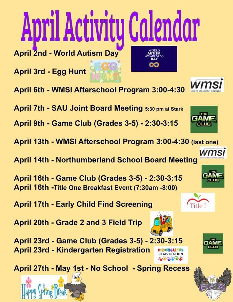 April Activities Calendar - contact school for any assistance