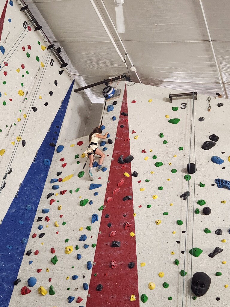 student climbing rock wall