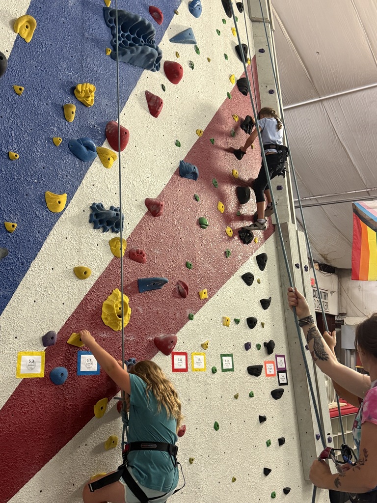 students climbing rock wall 