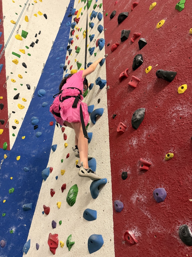 student climbing rock wall 