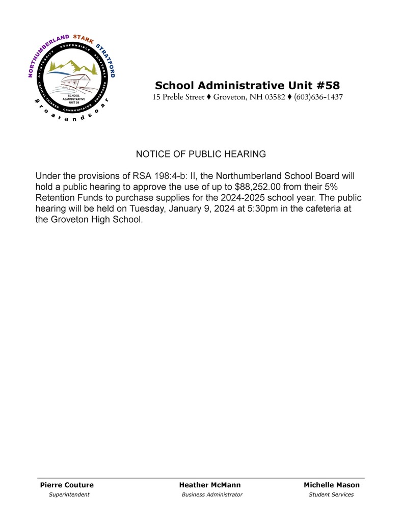 Northumberland Public Hearing on January 9th, 2024 at 5:30pm in the GHS cafeteria