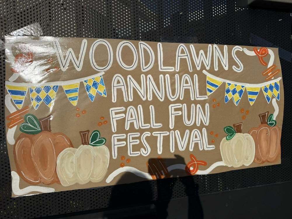 A handmade banner painted on brown paper announces the "WOODLAWNS ANNUAL FALL FUN FESTIVAL" in white outline lettering. The sign is decorated with blue and yellow checkered pennant banners and drawings of orange and white pumpkins with green leaves. It is mounted on a black, perforated surface.