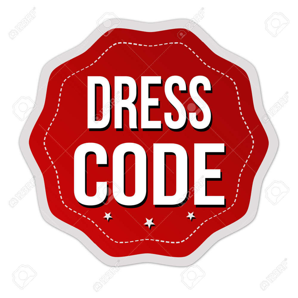 Red 10 sided shape in red with white letters in the middle that spell out "Dress Code" with tiny stars underneath