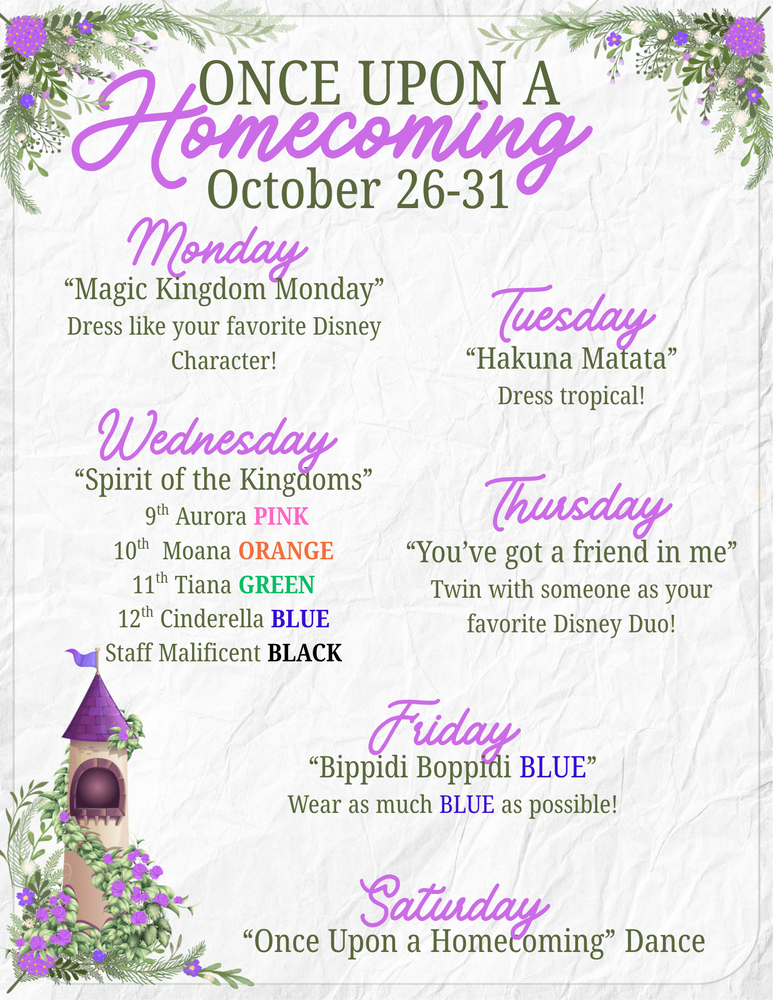 Once Upon a Homecoming 2026 Spirit Week schedule for October 26-31 featuring daily Disney theme dress-up days.