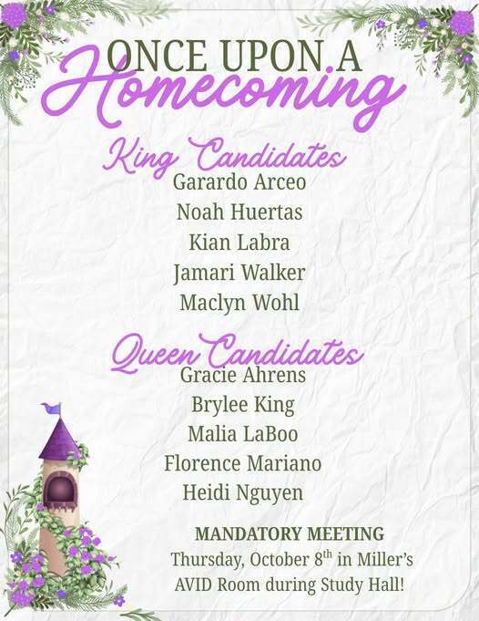 "Once Upon a Homecoming candidate list with a mandatory meeting on Thursday, Oct 8th during Study Hall in Miller's AVID room."