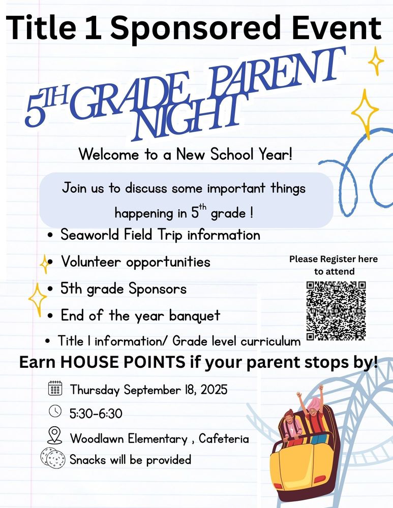  A white flyer with blue handwritten text and yellow drawings announces the "Title 1 Sponsored Event 5th Grade Parent Night." Details include the date, time, and location, a list of topics, a QR code for registration, and a cartoon of a rollercoaster.
