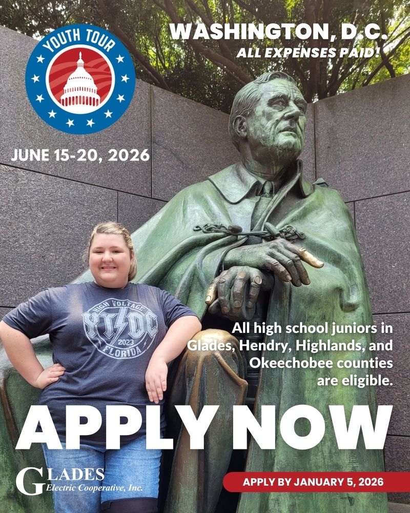 An advertisement for the "Youth Tour" to Washington, D.C. A smiling female student stands next to a bronze statue of Franklin D. Roosevelt. The text indicates the trip is June 15-20, 2026, is all expenses paid, and is open to high school juniors in Glades, Hendry, Highlands, and Okeechobee counties. The application deadline is January 5, 2026.