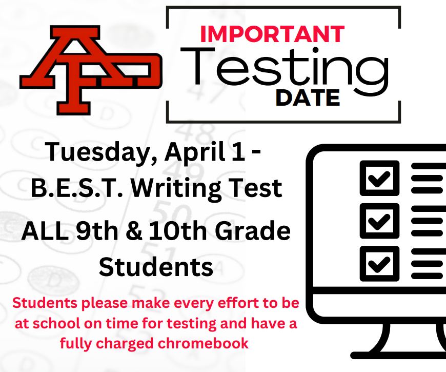 Announcement for the B.E.S.T. Writing Test on Tuesday, April 1, for all 9th and 10th graders. Students should arrive on time with a charged Chromebook. The image includes a school logo, bold text, a checklist icon on a computer screen, and a faint multiple-choice answer sheet in the background.