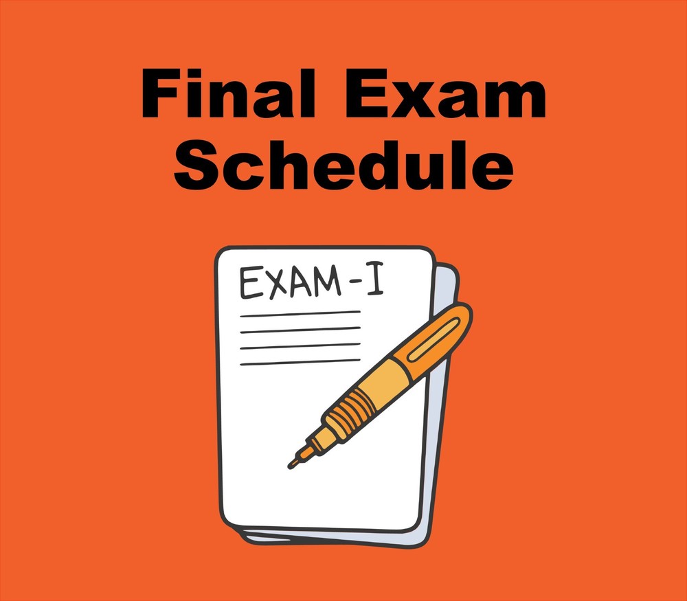 A red background that has the phrase, " Final Exam Schedule" and a piece of cartoon notepaper with a pencil that has the heading "Exam 1"