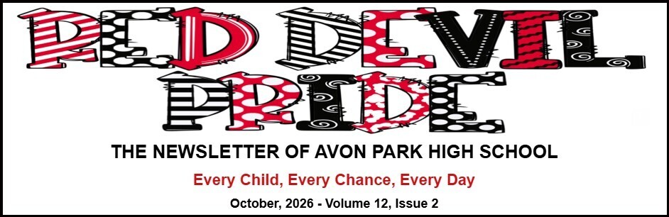 Red Devil Pride: The Newsletter of Avon Park High School. Every Child, Every Chance, Every Day. October 2026, Volume 12, Issue 2.