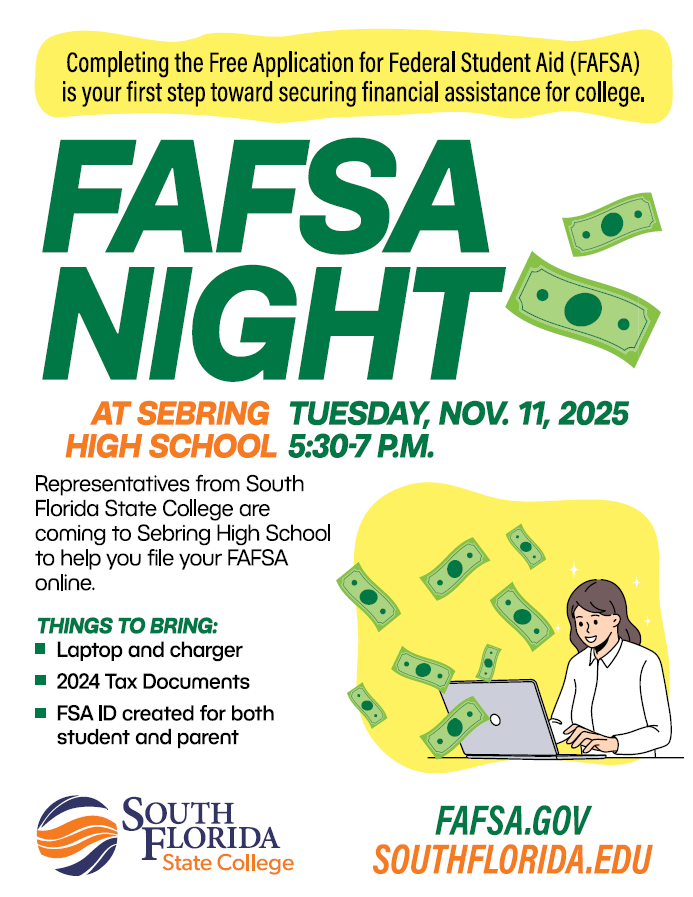 The top of the flyer has a cartoon illustration of a smiling woman sitting at a laptop with green dollar bills floating in the air around her. Below the illustration is the logo for South Florida State College.