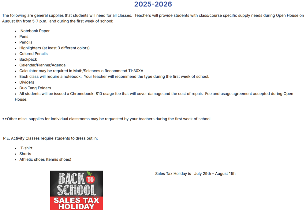 Supply list for 2025-2025