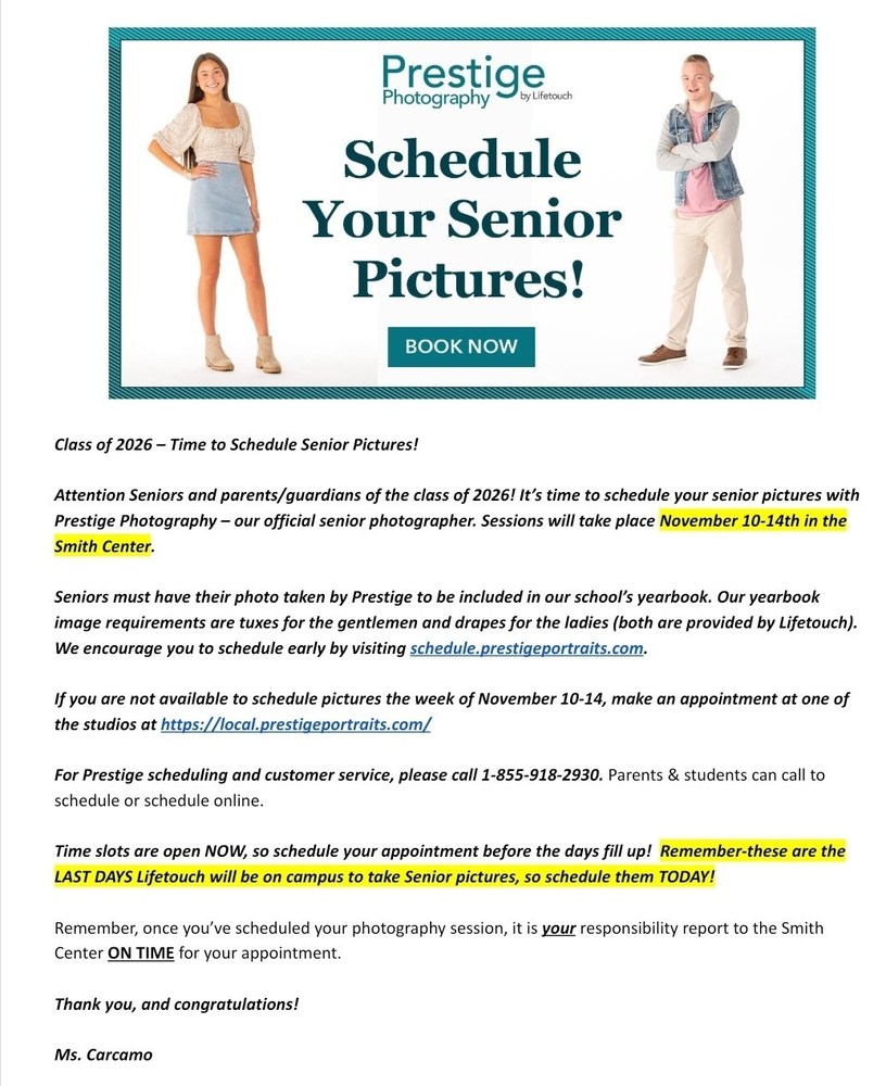 A flyer with Prestige Photography’s logo shows two students posing for senior pictures. Text announces Class of 2026 senior photo sessions on November 10–14 in the Smith Center with Lifetouch. Details explain booking online, yearbook requirements, and scheduling reminders. A blue “Book Now” button is displayed.
