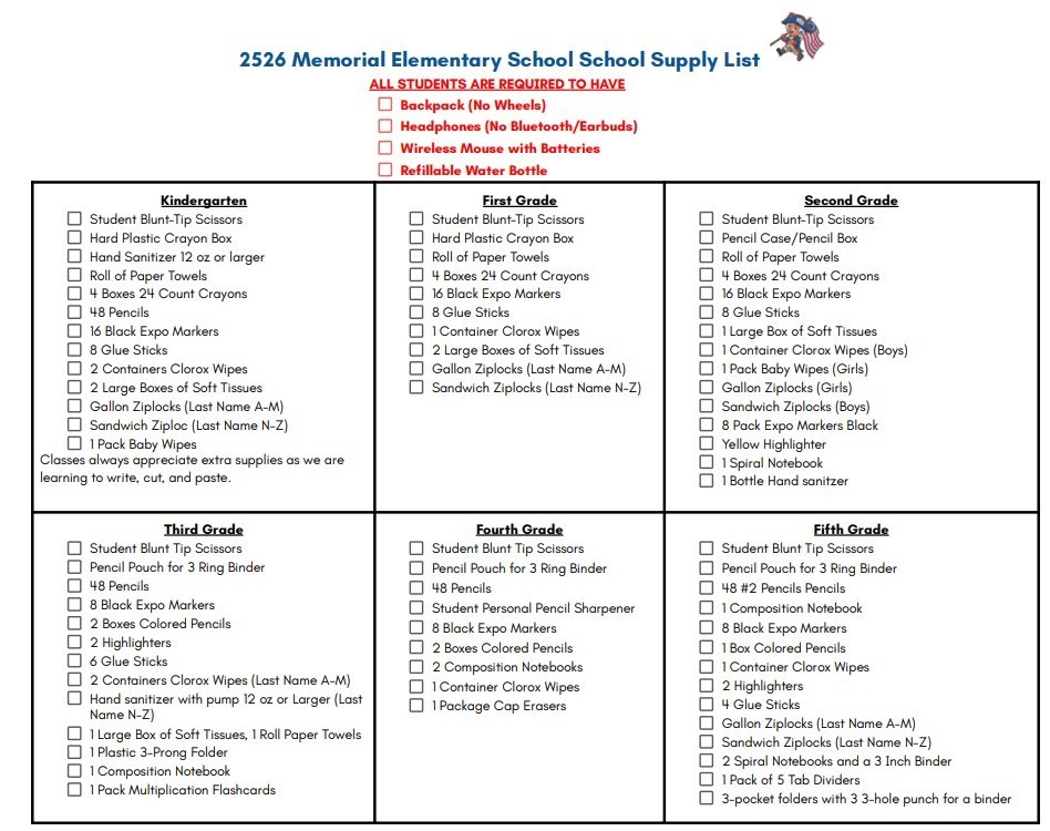 2526 MES school supply list