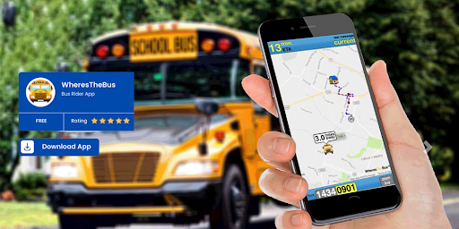 Promotional graphic for the free "WheresTheBus" Rider App featuring a hand holding a smartphone displaying a real-time school bus tracking map, set against the background of a yellow school bus.