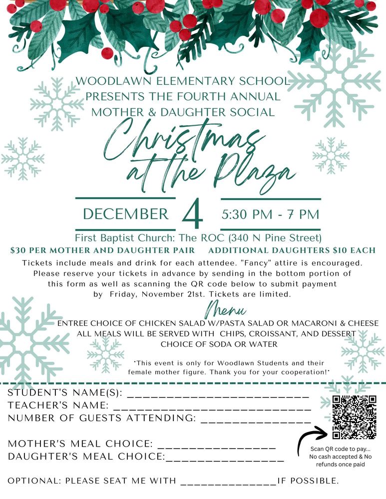 A festive flyer with a holly and snowflake border announcing Woodlawn Elementary School's Fourth Annual Mother & Daughter Social: Christmas at the Plaza. The event is on December 4th, 5:30 PM - 7 PM, at First Baptist Church. Tickets are $30 per pair, with a November 21st reservation deadline. A menu and reservation form are included.