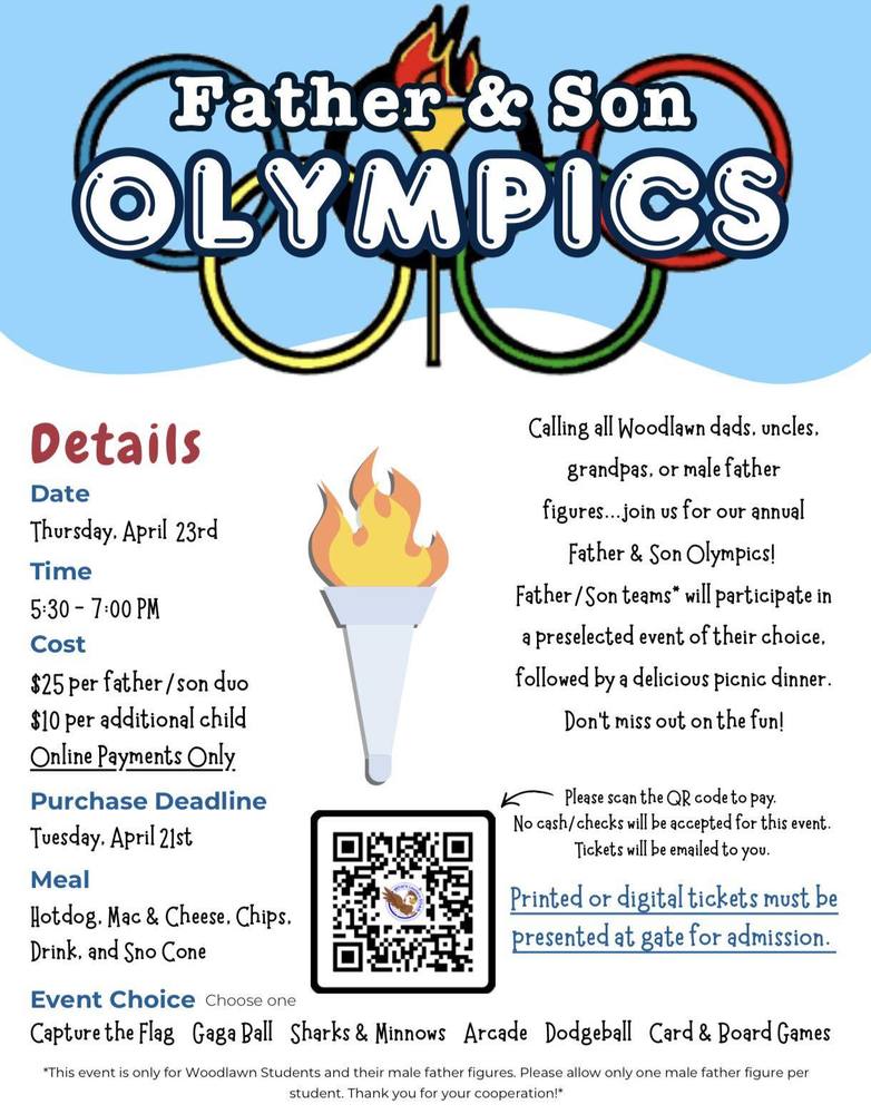 An event flyer for "Father & Son Olympics" featuring Olympic rings and a torch. It lists details for Thursday, April 23rd, 5:30–7:00 PM. Costs are $25 per duo and $10 per extra child. Includes a picnic meal, a QR code for online payment, and various sports and game options.