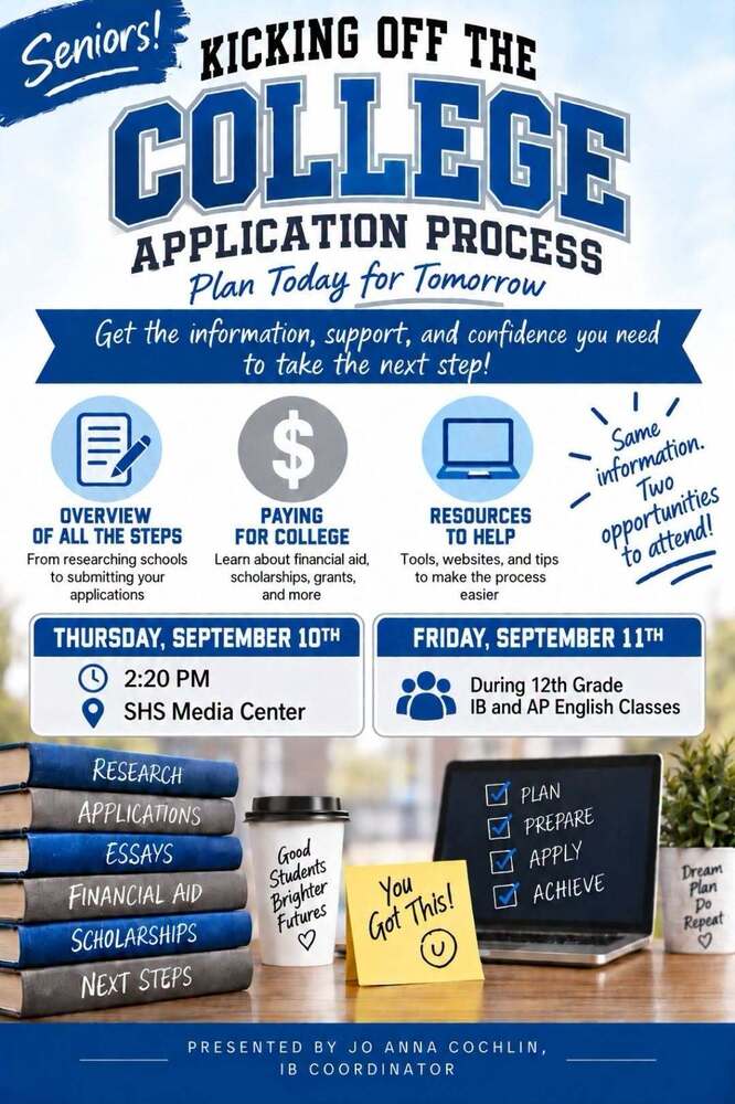 An informational flyer titled "Seniors! Kicking Off the College Application Process" presented by IB Coordinator Jo Anna Coshlin. It outlines session details on application steps, paying for college, and helpful resources offered on Thursday, Sept 10th at 2:20 PM in the SHS Media Center and Friday, Sept 11th during 12th-grade classes.