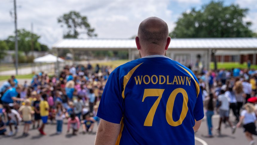 A rear view of a bald man wearing a blue and yellow jersey with "WOODLAWN 70" on the back. He stands in the foreground, facing a large, blurred crowd of children and adults outdoors on a paved area under a bright, cloudy sky with a covered walkway in the background.