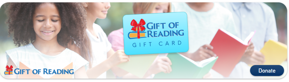 Gift of reading banner for fundraiser with students reading books.