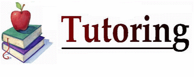 An apple with two books stacked underneath it with the work Tutoring to the right of the image.