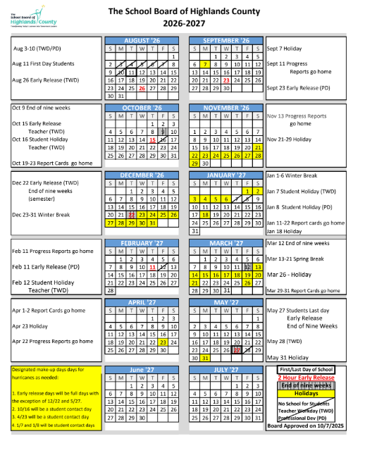 Graphic of the 2026-27 School Calendar for The School Board of Highlands County