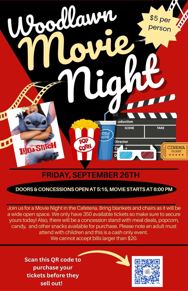 Flyer for Woodlawn Movie Night on Friday, September 26th, featuring Lilo & Stitch. Admission is $5 per person, doors and concessions open at 5:15 PM, and the movie starts at 6:00 PM. Snacks available for purchase, cash only, and adults must accompany children. QR code provided for ticket purchase.