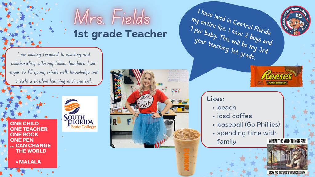 We are excited to get back and post about our amazing staff at MES.  Let's meet Mrs. Fields, an amazing First grade teacher who enjoys engaging her students in learning and ready to see them succeed. We welcome her bright smile and helping our Hero families. #mespatriothero