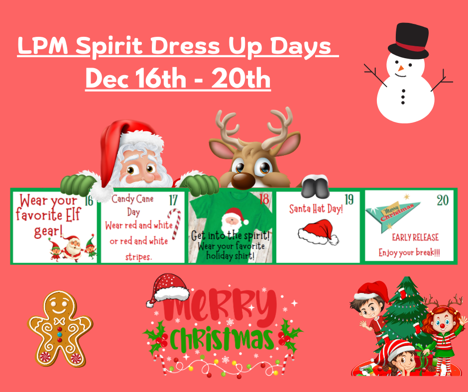 ๐โจ Lake Placid Middle Spirit Dress-Up Week! โจ๐ Letโs end the year with some holiday cheer! Check out our festive dress-up days: ๐ง Monday, Dec 16 โ Elf Gear Day Dress up like Santaโs little helpers! ๐ญ Tuesday, Dec 17 โ Candy Cane Day Wear red and white or red-and-white stripes! ๐
Wednesday, Dec 18 โ Get Into the Spirit Rock your favorite holiday shirt! ๐ฉ Thursday, Dec 19 โ Santa Hat Day Top off your look with a Santa hat! ๐ Friday, Dec 20 โ Festive Shirt Friday Wear your most festive holiday shirt! ๐ Letโs make this a week full of fun and holiday spirit! See you there! #LakePlacidMiddle #HolidaySpirit #DressUpFun