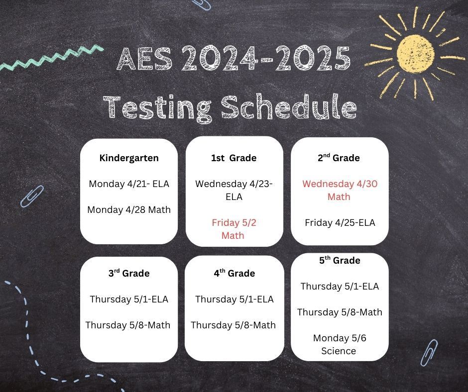 A chalkboard-themed graphic displaying the AES 2024โ2025 Testing Schedule for Kindergarten through 5th grade. A yellow sun is drawn in the top right corner. The testing dates are listed in white rounded boxes as follows: Kindergarten: Monday 4/21 โ ELA Monday 4/28 โ Math 1st Grade: Wednesday 4/23 โ ELA Friday 5/2 โ Math 2nd Grade: Wednesday 4/30 โ Math Friday 5/2 โ ELA 3rd Grade: Thursday 5/1 โ ELA Thursday 5/8 โ Math 4th Grade: Thursday 5/1 โ ELA Thursday 5/8 โ Math 5th Grade: Thursday 5/1 โ ELA Thursday 5/8 โ Math Monday 5/6 โ Science