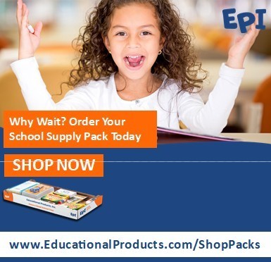  A cheerful young girl with curly hair raises her arms in excitement while sitting at a desk. The image promotes EPI (Educational Products, Inc.) school supply packs. Text on the image reads: "Why Wait? Order Your School Supply Pack Today. SHOP NOW" with a visual of a school supply box. The website www.EducationalProducts.com/ShopPacks is also displayed.