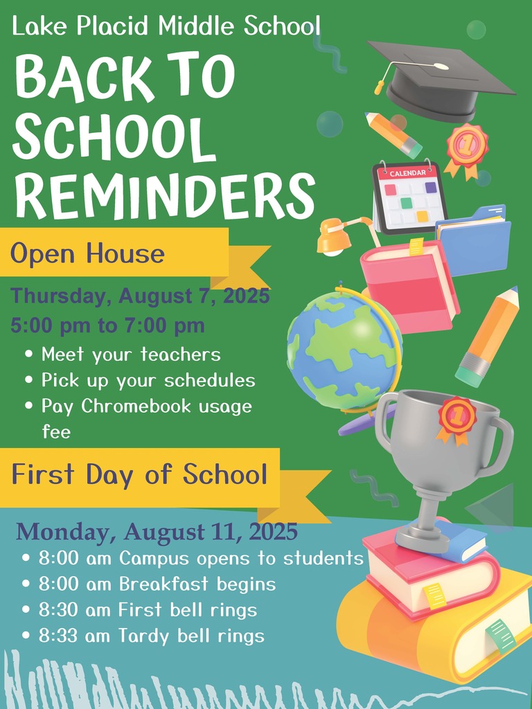 PM to 7:00 PM. The flyer invites families to meet the teachers, tour the school, and get important information for the upcoming school year. The message encourages attendance with the phrase, “We can’t wait to see you all there! Let’s make this school year the best one yet!” The background is black with bright green school supply illustrations including a stapler, pencil, glue stick, ruler, and scissors.
