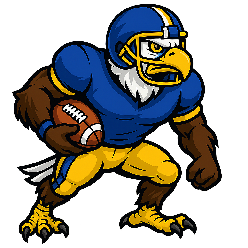 Cartoon-style eagle mascot wearing a blue and yellow football uniform and helmet, holding a football under its arm, in an athletic, ready-to-run pose.