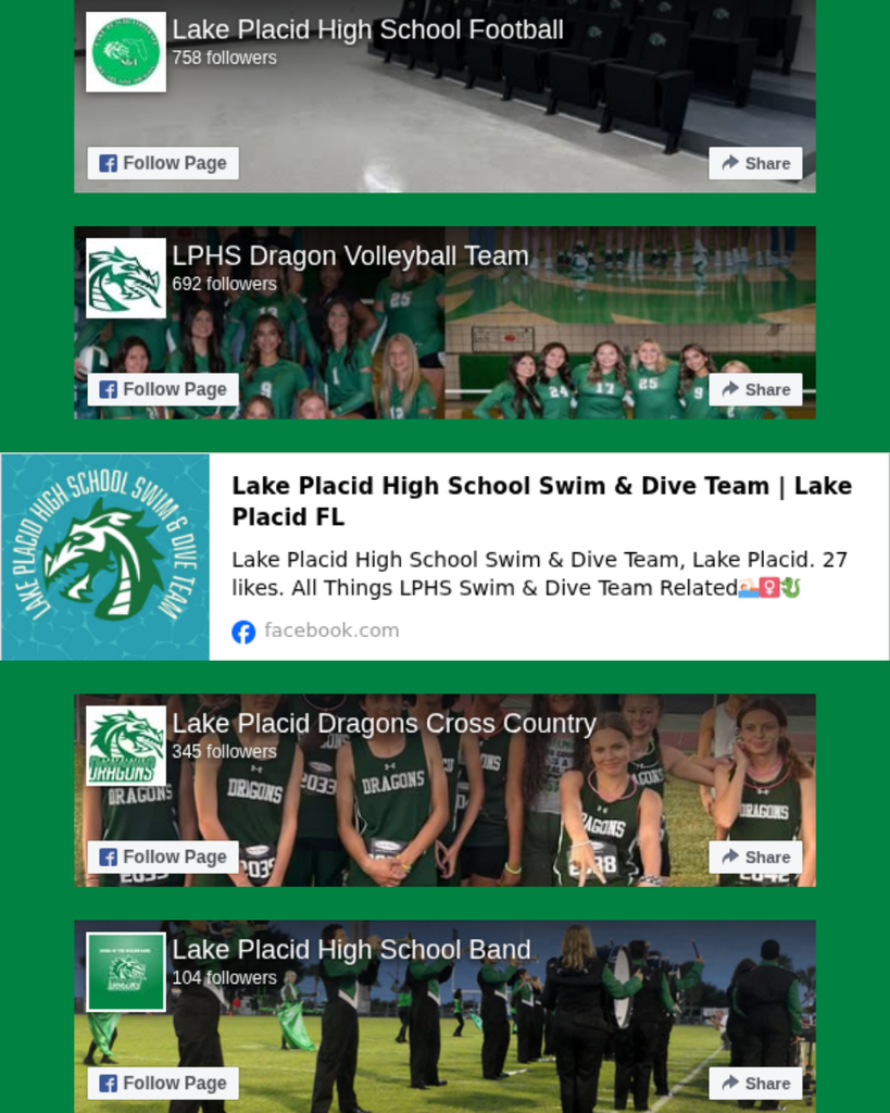 Screenshot showing five Facebook pages for Lake Placid High School activities. Pages include: Lake Placid High School Football (758 followers), LPHS Dragon Volleyball Team (692 followers), Lake Placid High School Swim & Dive Team (27 likes), Lake Placid Dragons Cross Country (345 followers), and Lake Placid High School Band (104 followers). Each page has a "Follow Page" button and cover photos featuring students in uniforms or at events.
