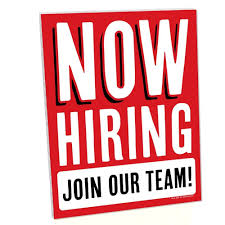 Now Hiring Join our Team image on red rectangle, lettering is white or black colors