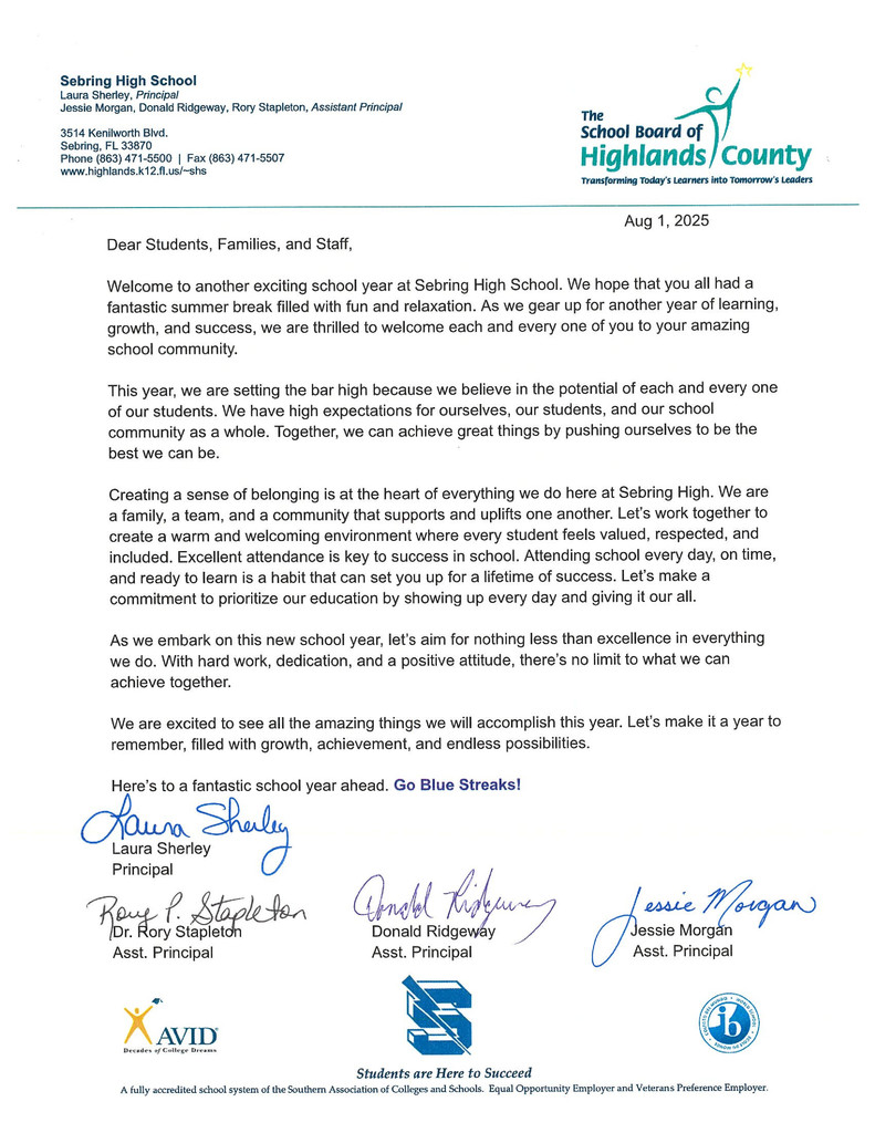 A welcome letter from Sebring High School leadership, dated August 1, 2025, encourages students, families, and staff for the new school year. Signed by the principal and assistant principals, it emphasizes high expectations, belonging, attendance, and striving for excellence. Logos for AVID, IB, and the school board are included.