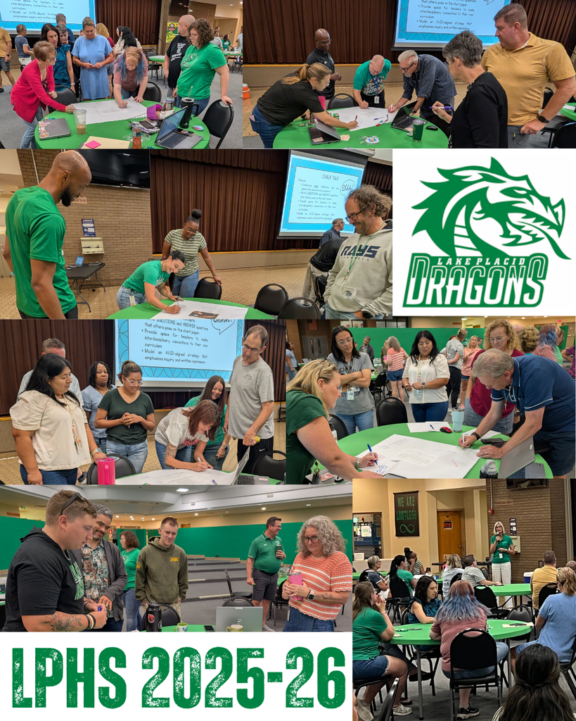 A collage of photos shows Lake Placid High School staff engaging in collaborative activities during a back-to-school professional development session. Teachers are gathered in groups, writing on large sheets of paper, discussing ideas, and listening to a presentation. A large screen displays a slide titled “Chalk Talk,” outlining goals and strategies. The LPHS Dragons logo is prominently displayed in green and white. At the bottom of the image, bold green text reads “LPHS 2025–26.” The environment is energetic and focused, with staff preparing for the upcoming school year.