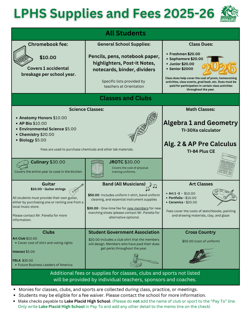Image listing LPHS Supplies and Fees for 2025–26. Includes Chromebook fee ($10), general supplies list, class dues by grade, and additional fees for science, math, culinary, JROTC, guitar, band, art, clubs, SGA, and sports. Notes on payment and fee waivers included.          Ask ChatGPT