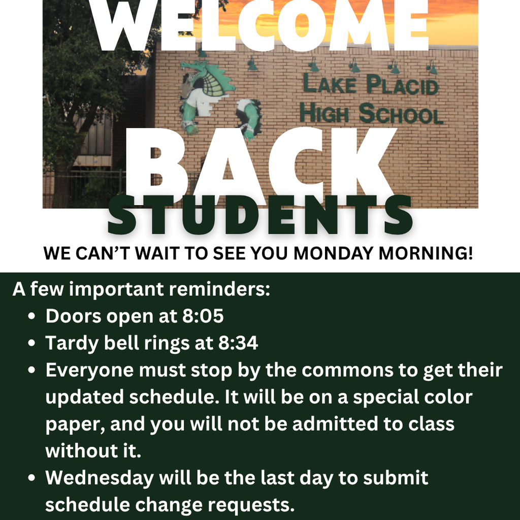 A few important reminders:  Doors open at 8:05 Tardy bell rings at 8:34 Everyone must stop by the commons to get their updated schedule. It will be on a special color paper, and you will not be admitted to class without it. Wednesday will be the last day to submit schedule change requests. 