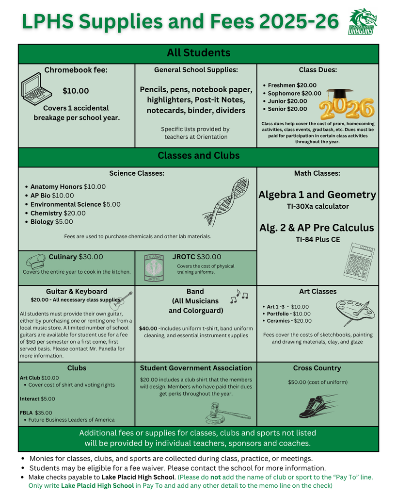 Fees and dues for LPHS 2025-2026. Information on individual fees can be located at https://highlands.revtrak.net/lake-placid-high/#/list