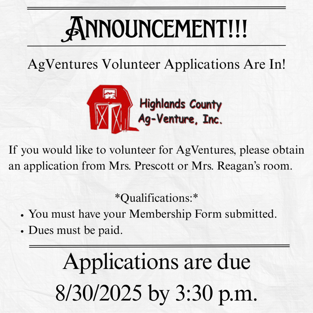 Lake Placid FFA is looking for enthusiastic volunteers to help lead third-grade classes through hands-on stations and share the story of Highlands County’s amazing agricultural commodities. This is a great opportunity to grow your leadership skills, make a difference, and represent our chapter in the community! ✅ To volunteer, you must have your FFA membership form submitted and $30 dues paid. Let’s show our county the pride and passion of Lake Placid FFA! 💚🐉