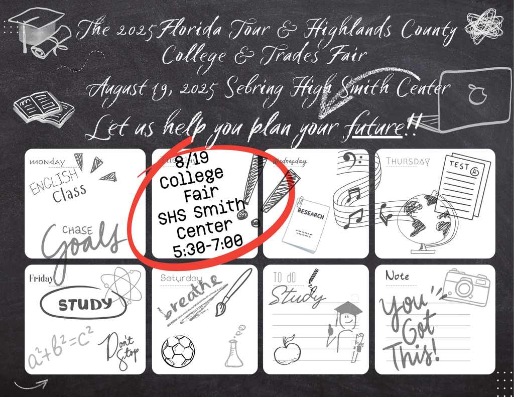 A chalkboard-style flyer announces the 2025 Florida Tour & Highlands County College & Trades Fair on August 19, 2025, at Sebring High Smith Center, 5:30–7:00 PM. The design includes doodles of books, a laptop, globe, test paper, and motivational words like “Goals” and “You Got This!”