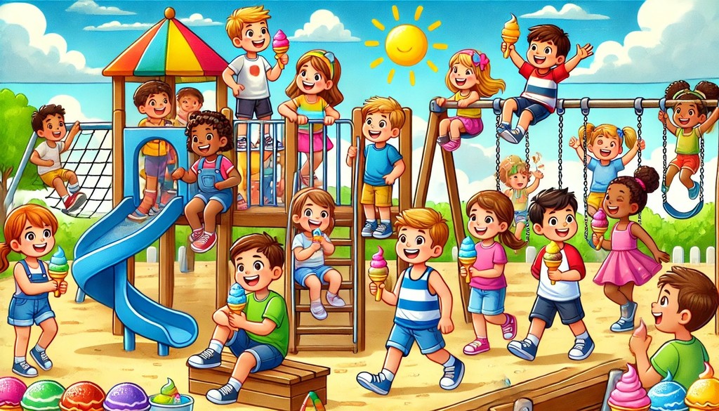 playful illustrations of kids enjoying themselves at the playground with snow cones.