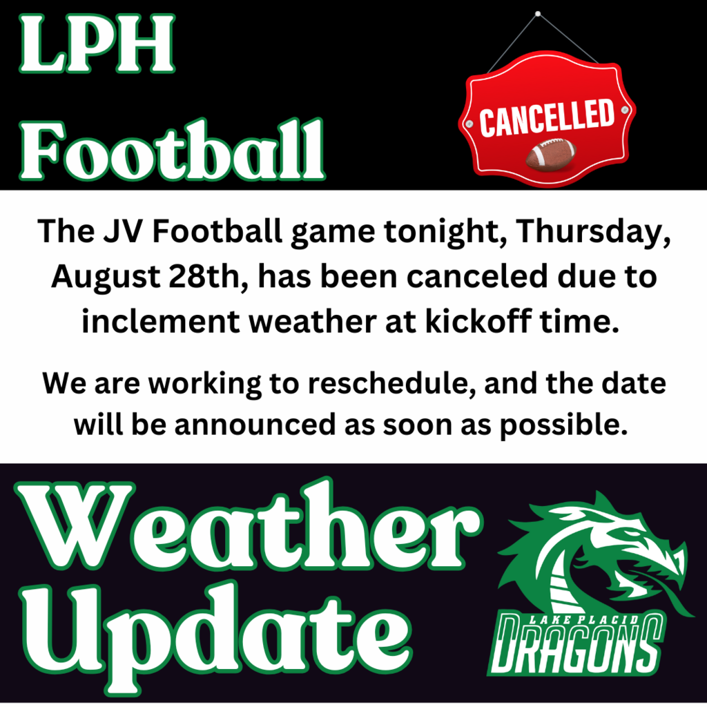 The JV Football game tonight, Thursday, August 28th, has been canceled due to inclement weather at kickoff time. We are working to reschedule, and the date will be announced as soon as possible.