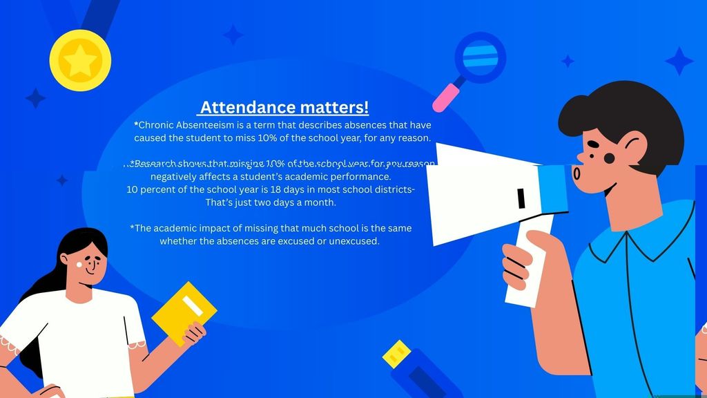 Illustration with students and school icons emphasizes attendance. Text explains chronic absenteeism as missing 10% of the school year, equal to 18 days, and its negative effect on academics. It stresses that missing school impacts students equally, whether absences are excused or unexcused.
