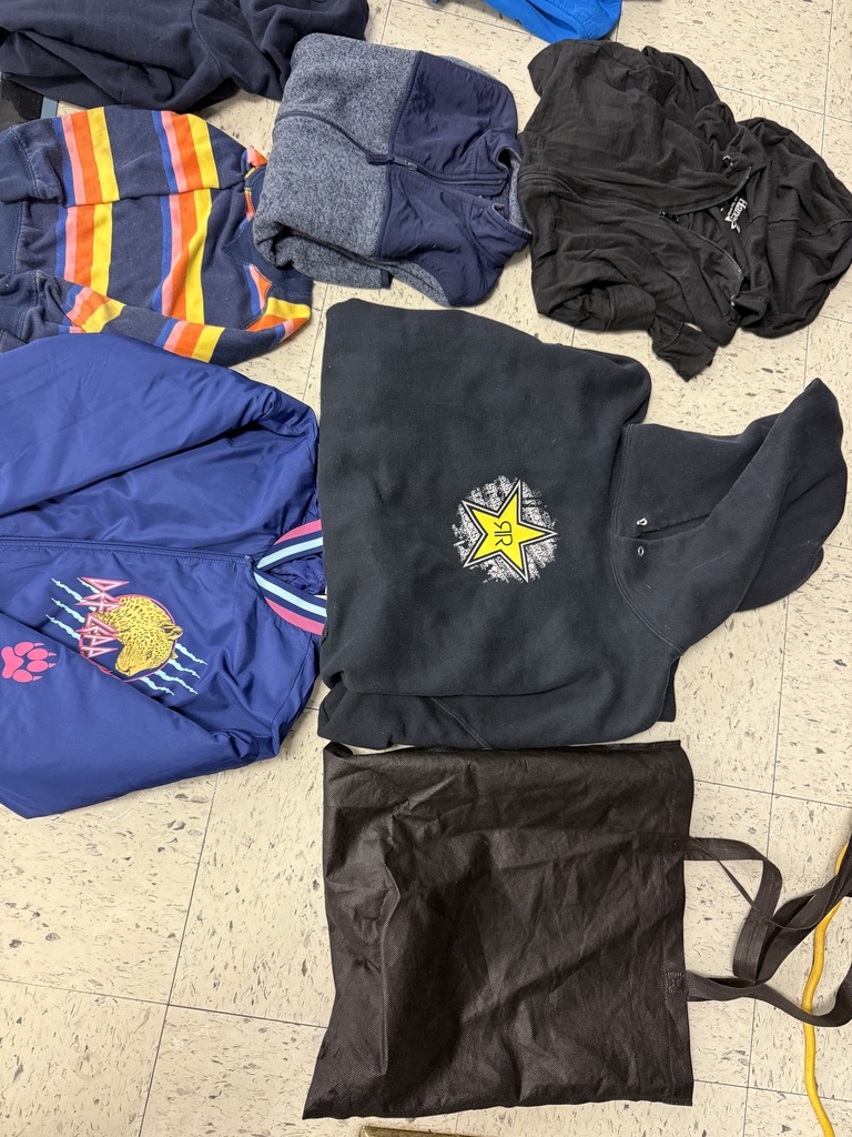 A collection of lost and found items from a school. Numerous children's jackets and hoodies are displayed on a clothing rack and on the floor. The collection also includes a variety of water bottles, lunch boxes, a hair bonnet, noise-canceling earmuffs, and jewelry laid out for identification.