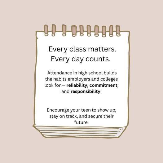 An illustrated notepad page displays the message: “Every class matters. Every day counts.” It explains that good attendance in high school builds reliability, commitment, and responsibility, which employers and colleges value. The note encourages teens to show up, stay on track, and secure their future.