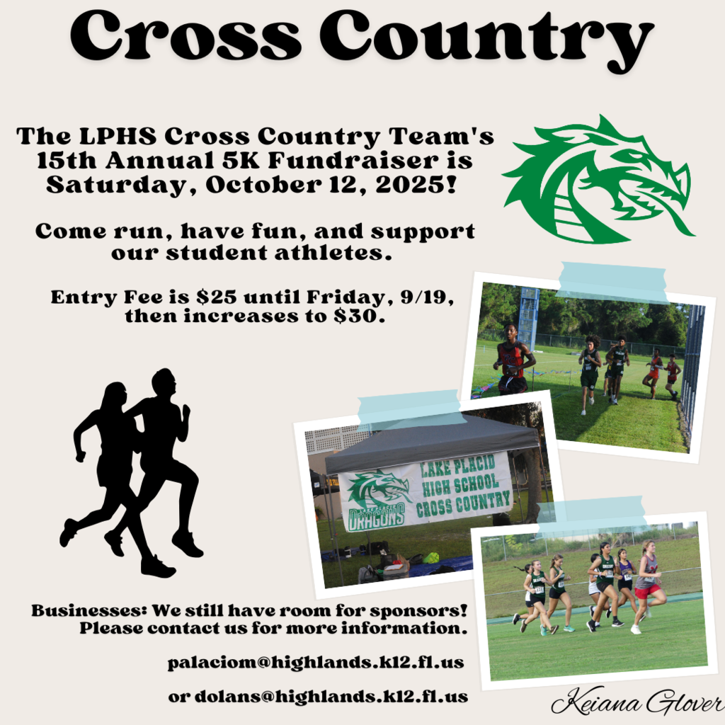 Flyer for Lake Placid High School Cross Country Team’s 15th Annual 5K Fundraiser on Saturday, October 12, 2025. Entry fee $25 until 9/19, then $30. Includes images of student runners and a team tent. Contact emails for sponsor opportunities are listed.